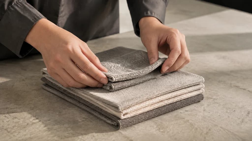 Gloved hands folding freshly cleaned towels