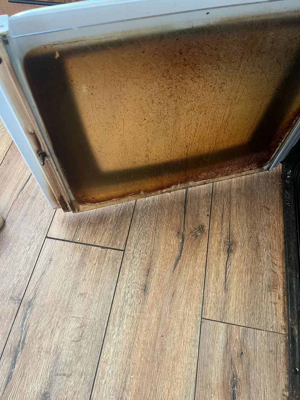 Oven door glass coated in baked-on grease before cleaning